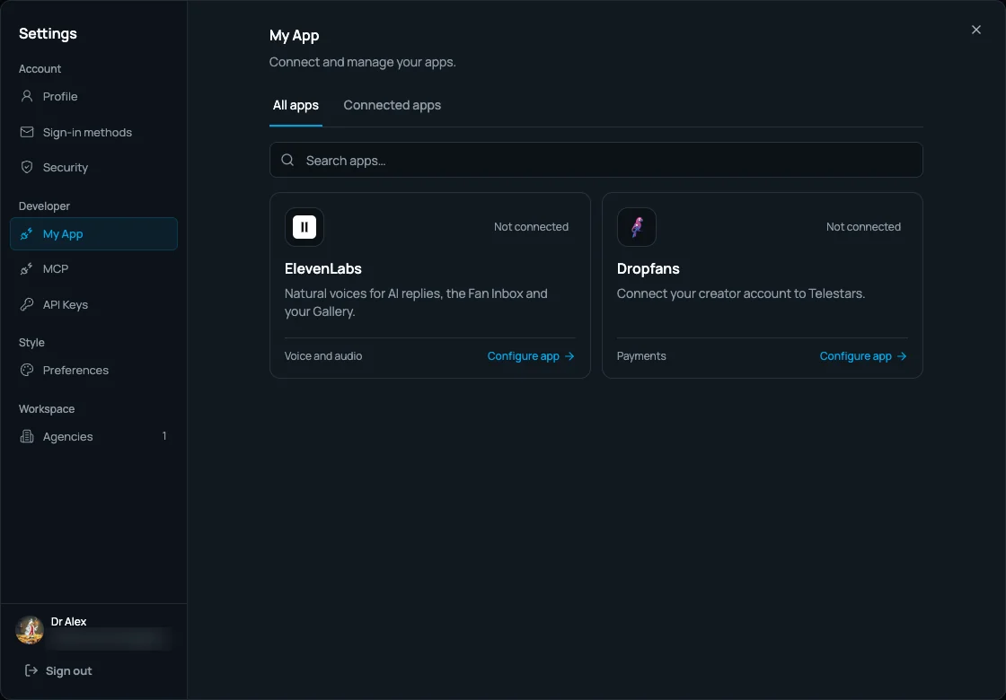 Settings → My App in Telestars with the Dropfans app