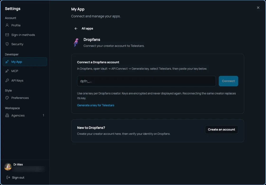 The Connect a Dropfans account panel in Telestars