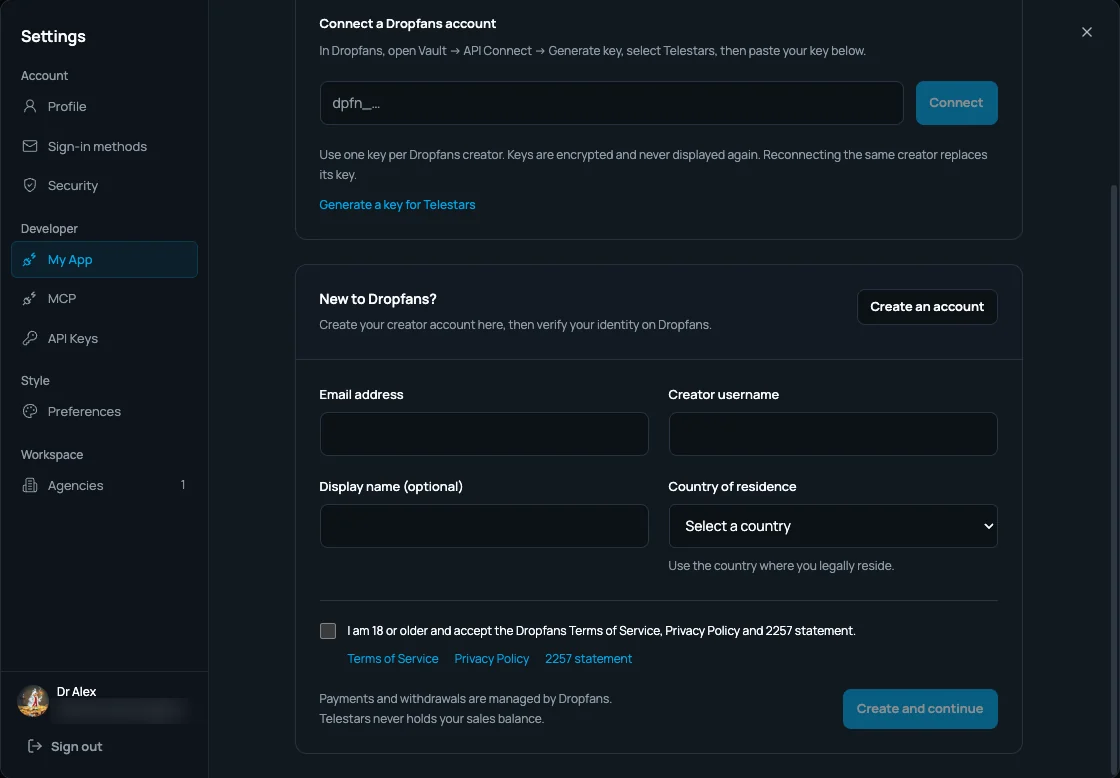 Creating a Dropfans account from inside Telestars