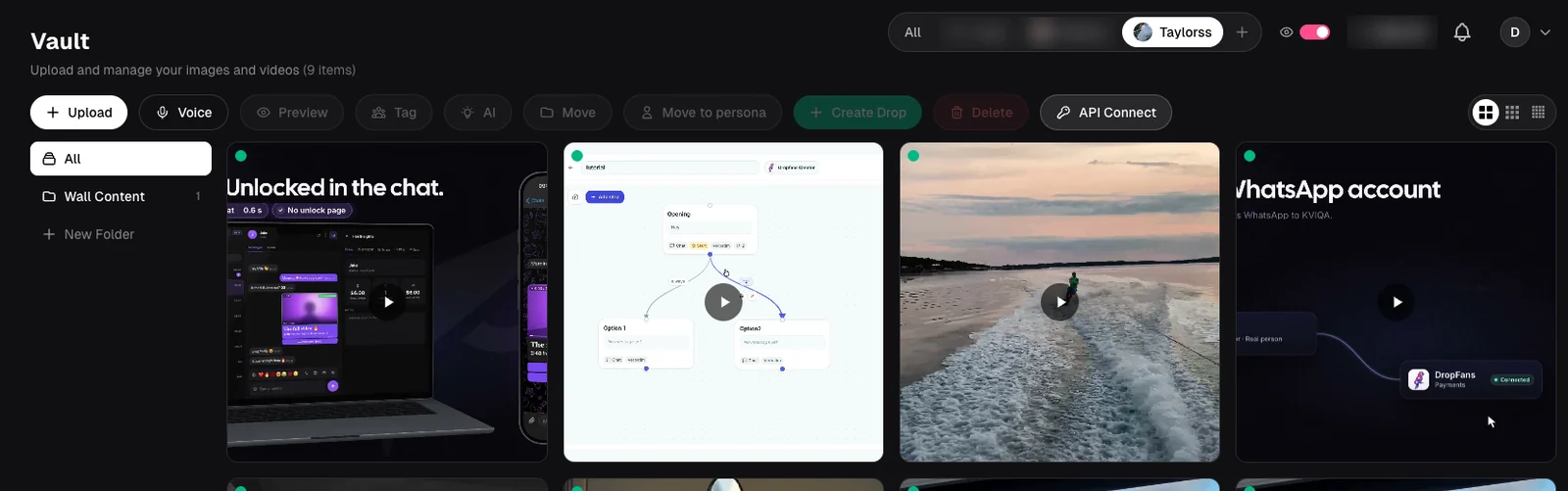 API Connect in the Dropfans vault toolbar