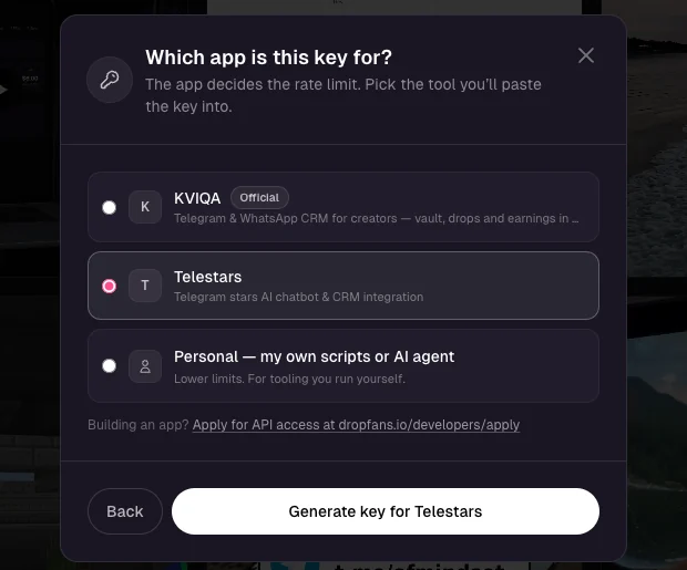 Choosing Telestars as the app for the key