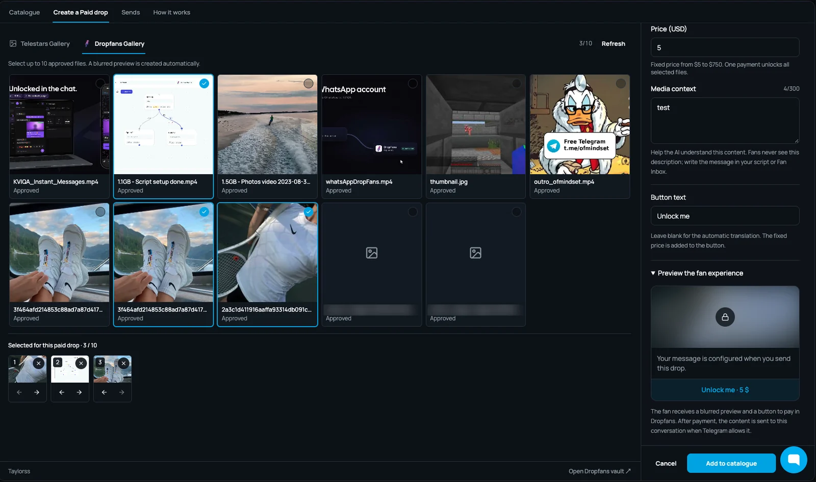 Creating a paid drop from the Dropfans Gallery in Telestars